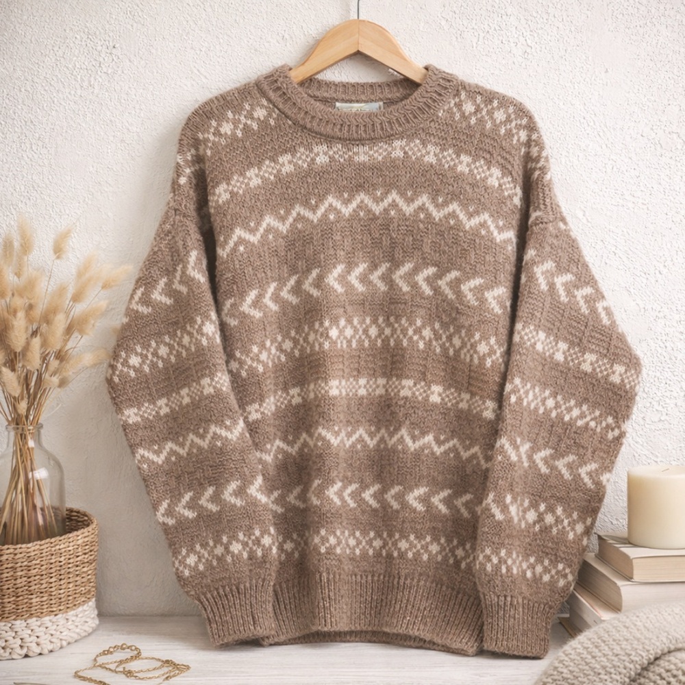 Men's Crewneck Fair Isle Sweater in Beige and Cream